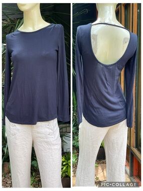 NWT David Lerner Revolve Long Sleeve Plunge Top Slub Navy Blue Size XS